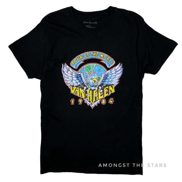 Van Halen Tour Of The World 1984 Vintage Print Oversized Black Band T-Shirt - Picture 1 of 6
